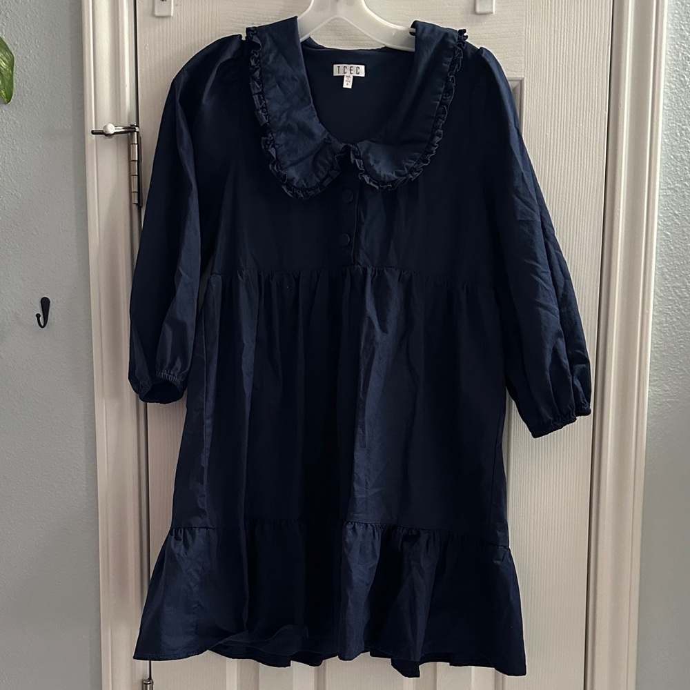 TCEC Navy Blue Ruffled Peter Pan Collared Mini Dress S Preppy Mod Academia Twee